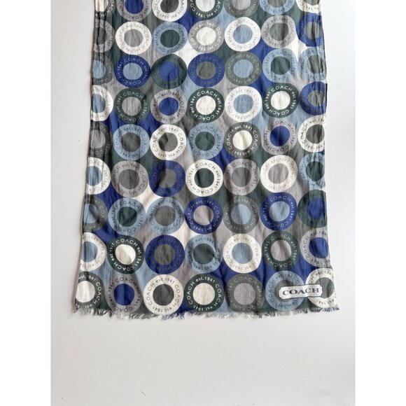 COACH Blue Grey Green Circle Logo Motif Cotton Voile 68" x 20" Rectangle Scarf - Picture 4 of 10